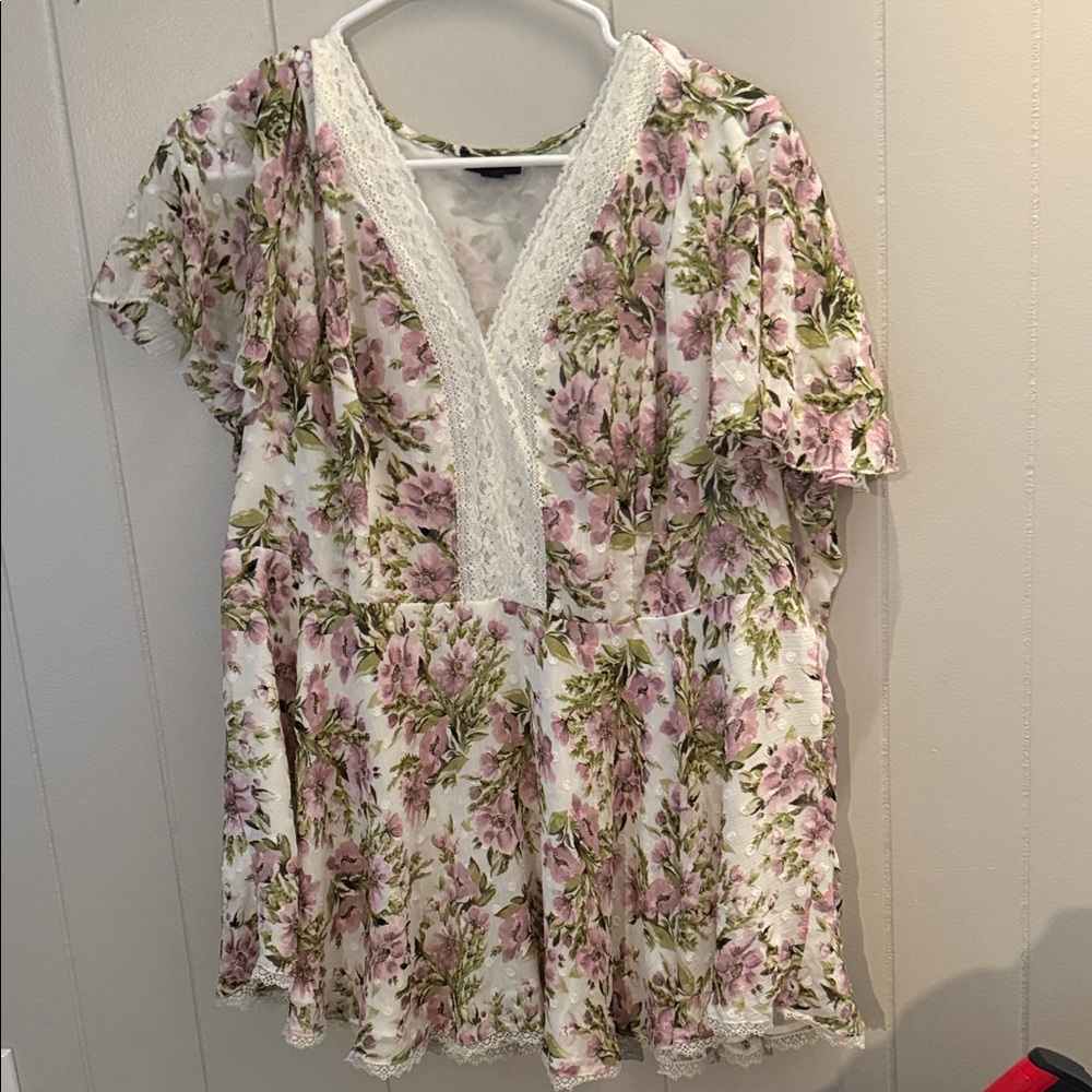 Torrid Pink and Green Floral Blouse with Lace Trim